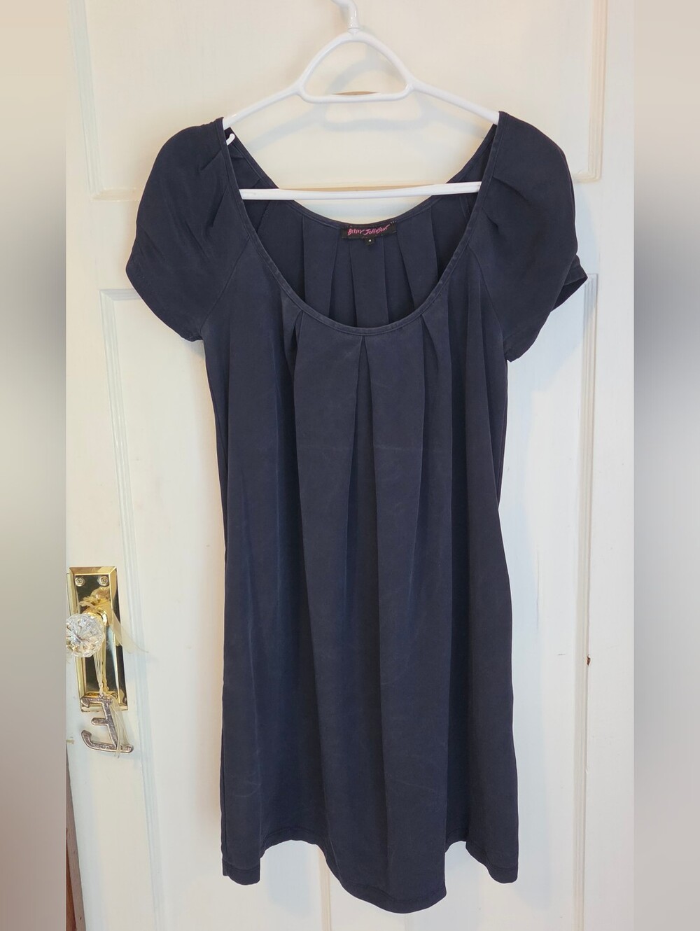 Betsey Johnson Silk Navy Pleated Scoop Neck Dress